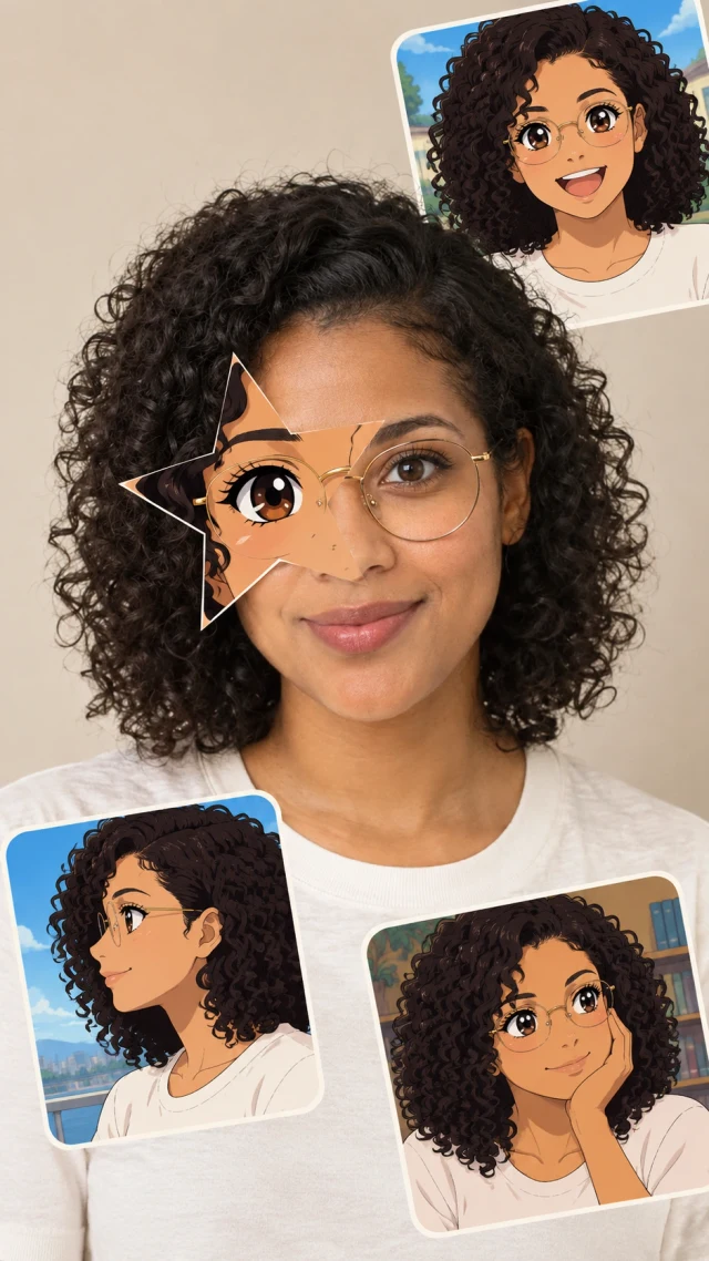 Generated anime star eye collage for curly hair and round glasses