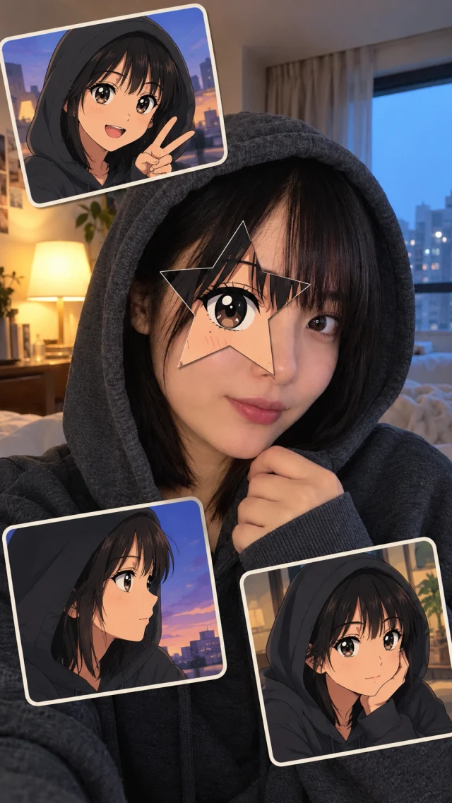 AI-created adult selfie with a star-shaped anime eye and three anime counterpart stickers