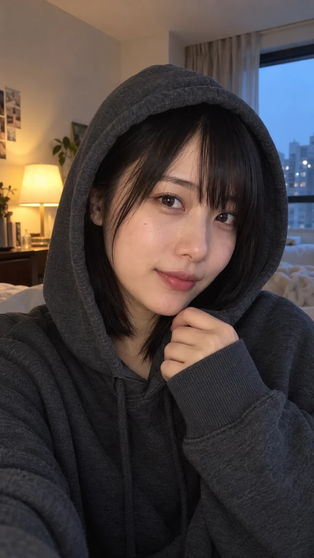 AI-created adult hoodie selfie with both eyes visible reference