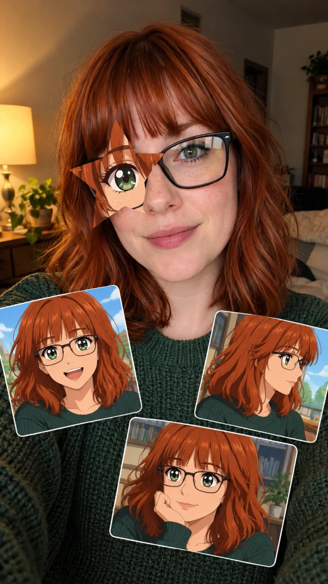 Generated anime star eye collage for red hair and warm indoor light