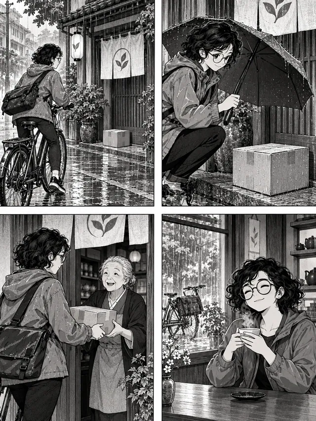 Four black-and-white manga panels: a courier shelters a parcel, returns it to a teahouse, and enjoys a cup of tea