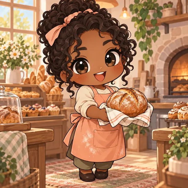 An original adult chibi baker with warm brown skin