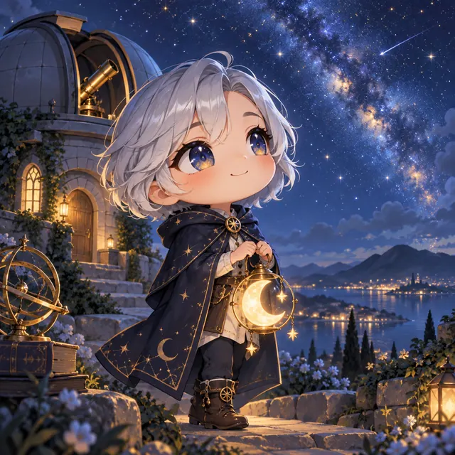 An original adult chibi stargazer with short silver hair