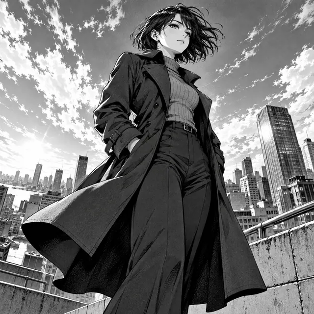 An original adult manga heroine in a modest long coat standing on a rooftop above a modern city