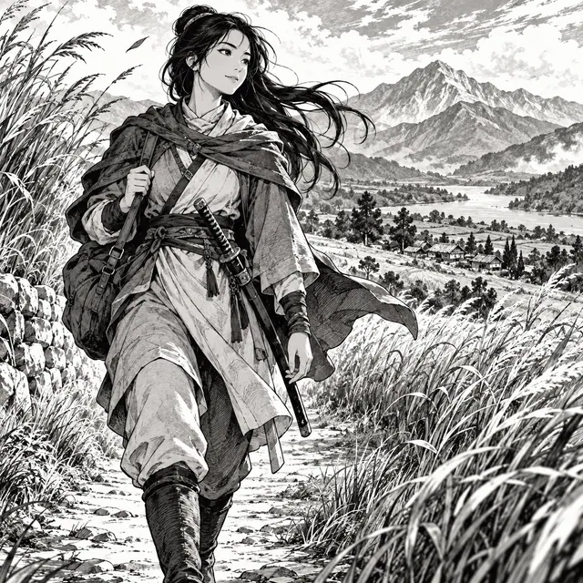 An original adult manga swordswoman wearing layered modest travel clothes