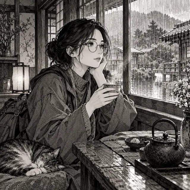 An original adult manga traveler with round glasses and a loose modest jacket