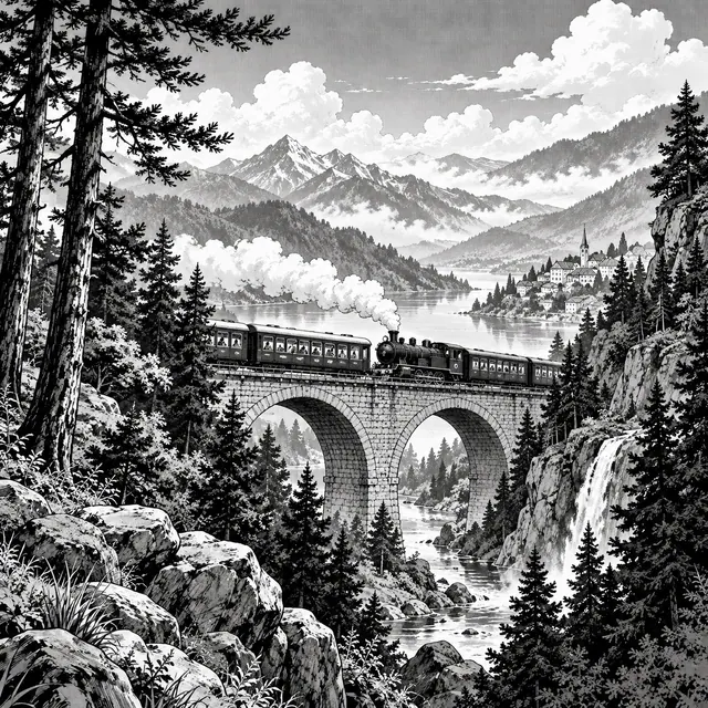 An original manga landscape of a small classic train crossing a stone bridge in a mountain valley