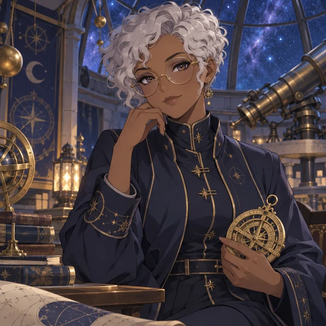 Adult anime woman with dark skin, silver curls and round glasses in an observatory