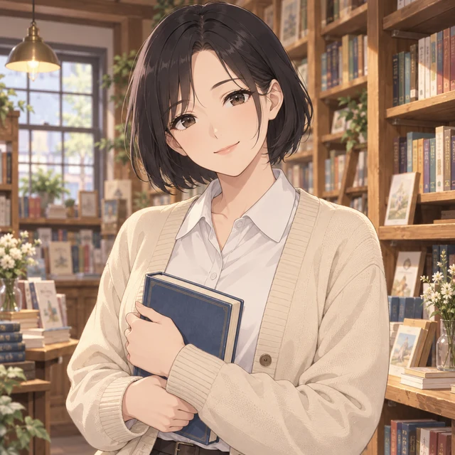 Adult anime bookseller with a black bob and cream cardigan holding a book