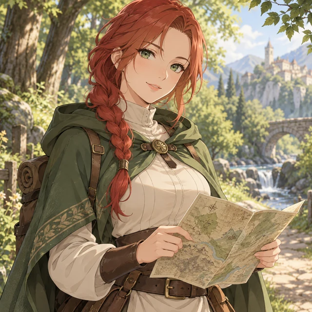 Adult red-haired anime traveler in a green cloak holding a map in a forest